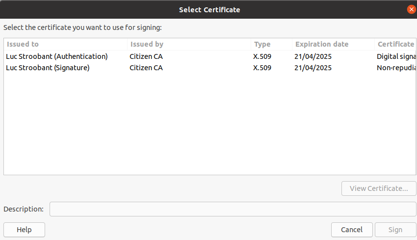 LibreOffice select eID certificate to sign